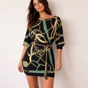 ✨Y2K Cache Dress with Green and Gold Chain Print Size M